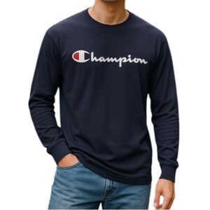 CHAMPION Men’s Graphic Logo T-shirt Navy Blue Long Sleeve Crewneck Spellout M